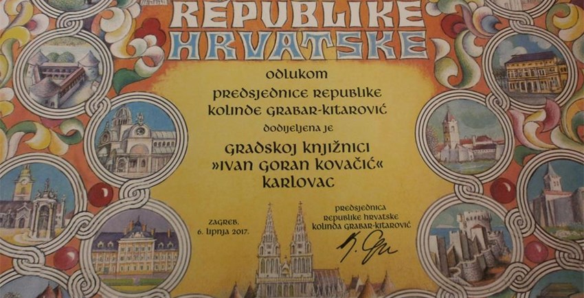 Predsjednica Grabar - Kitarović dodijelila veliko priznanje karlovačkoj Gradskoj knjižnici